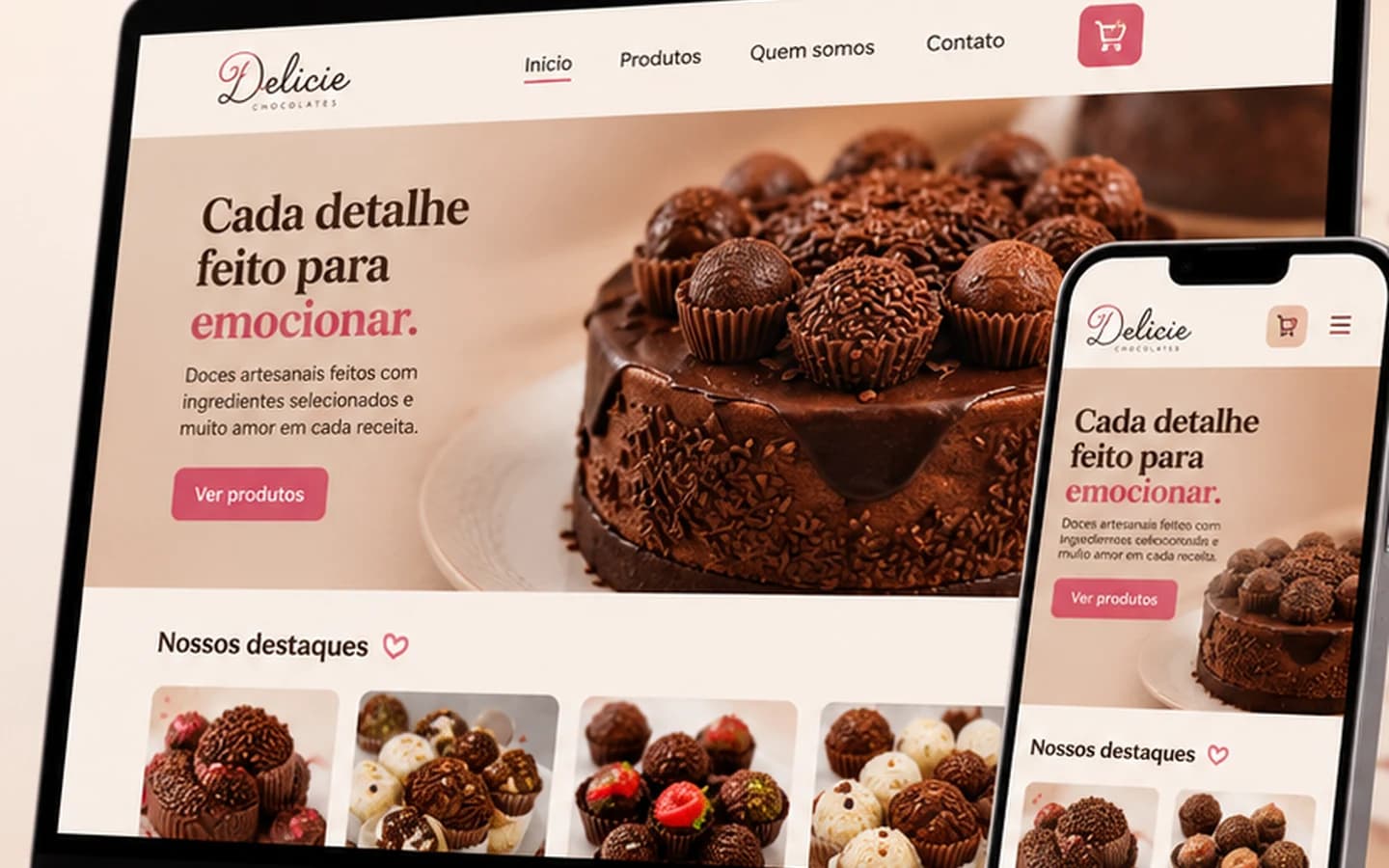 Material promocional fornecido do projeto Delicie Chocolates em computador e celular